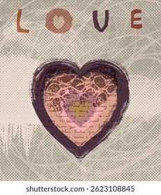Vector poster with rough brush heart with lace texture and hand written text, halftone paint graffiti background with text love