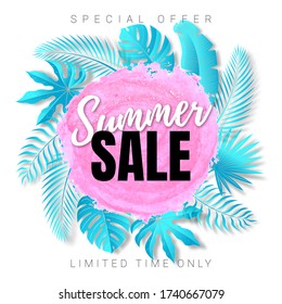 Vector poster with round ornament of tropical leaves. Text Summer Sale on the realistic pink smear. Bright discount banner with hand drawn element.