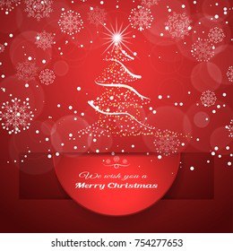 Vector poster with round red insert cut from paper hanging from cutout with shadow on the gradient red background with snowfall and Christmas tree.
