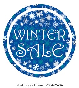 Vector poster of round shape with text Winter sale on background of snowflakes of blue and white. For seasonal retail promotion.