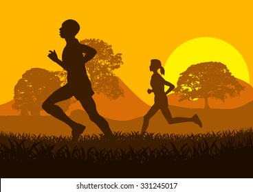 Vector poster runners in the countryside