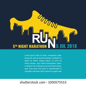 Vector poster - running, sport shoe and the city outline. vector illustration