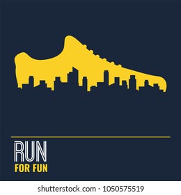 Vector poster - running, sport shoe and the city outline. vector illustration