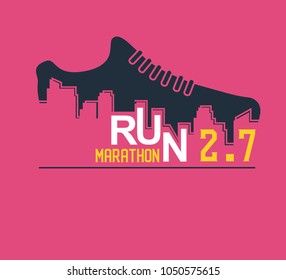 Vector poster - running, sport shoe and the city outline. vector illustration