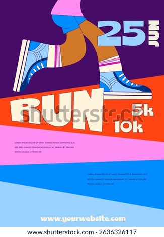 Vector poster - running and sport. Running shoe marathon background template. athlete runner feet running or walking on road . closeup illustration vector
