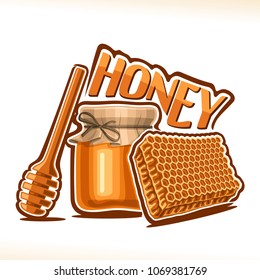 Vector poster for rustic Honey, dried beeswax honeycomb, wooden honey dipper stick and glass jar covered paper cap tied twine in a bow, logo with original typeface for orange word honey.