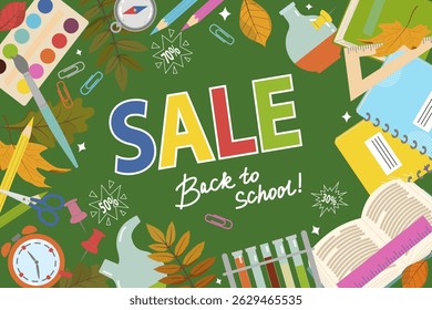 Vector poster sale with school supplies. Back to school sale banner. Web ad template, special offer, discount. Hand drawn illustration