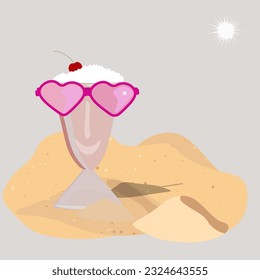 Vector poster with sand on the beach, glass with soft drink