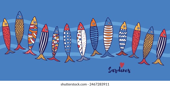 Vector poster with sardine. Cute illustration. Interior posterю