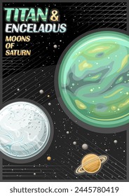 Vector Poster for Saturn Moons, vertical banner with rotating titan and enceladus, around saturn planet on dark starry background, fantasy cosmo leaflet with words titan and enceladus moons of saturn