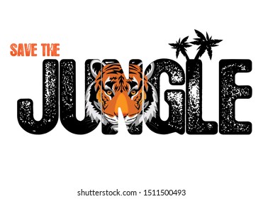 Vector poster save the jungle. Tiger on a black background with palm trees. Drawing for design or posters.