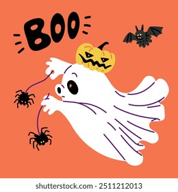 Vector poster with a scary ghost in flight with a pumpkin hat and pauses in his hands. The funny cartoon style design is perfect for Halloween decorations.