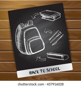 Vector poster with school accessories on a wooden background. 
Back to school. The illustrations in the graphic style sketch. Drawing by hand.