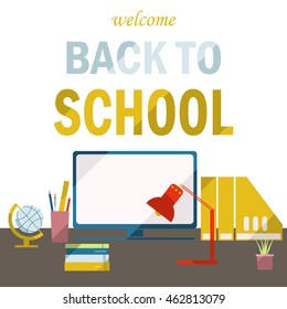 Vector poster with school symbols. Back to school. Flat education icons on white background. Design elements: globe, lamp, computer, books, paper, pencils, table.