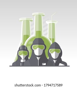 Vector poster with scientists dressed in protective suits and masks, scientific chemically concept