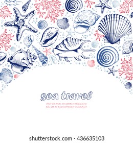 Vector Poster with seashells, corals and starfishes. Marine background. Travel Template. Hand drawn vector illustration in sketch style. 