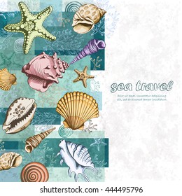 Vector poster with seashells, corals and starfishes. Marine background. Travel Template. Colorful layered illustration in sketch style. Perfect for greetings, invitations, wedding and web design.