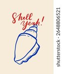 Vector poster with seashells in dolce vita mediterranean style, handwritten lettering, blue on beige, beach summer mood, typography print with shells and quotes