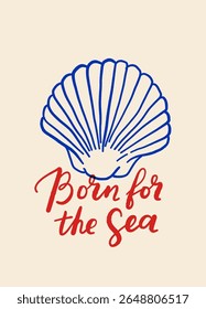 Vector poster with seashells in dolce vita mediterranean style, handwritten lettering, blue on beige, beach summer mood, typography print with shells and quotes