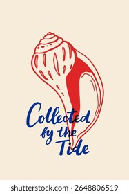 Vector poster with seashells in dolce vita mediterranean style, handwritten lettering, blue on beige, beach summer mood, typography print with shells and quotes