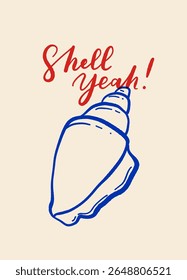 Vector poster with seashells in dolce vita mediterranean style, handwritten lettering, blue on beige, beach summer mood, typography print with shells and quotes