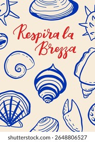 Cartaz vetorial com conchas marinhas em estilo dolce vita mediterrâneo, letras manuscritas, azul no bege, clima de verão de praia, impressão tipográfica com conchas e citações