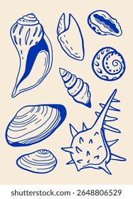Vector poster with seashells in dolce vita mediterranean style, handwritten lettering, blue on beige, beach summer mood, typography print with shells and quotes