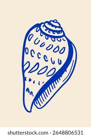 Vector poster with seashells in dolce vita mediterranean style, handwritten lettering, blue on beige, beach summer mood, typography print with shells and quotes