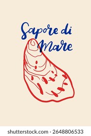 Vector poster with seashells in dolce vita mediterranean style, handwritten lettering, blue on beige, beach summer mood, typography print with shells and quotes