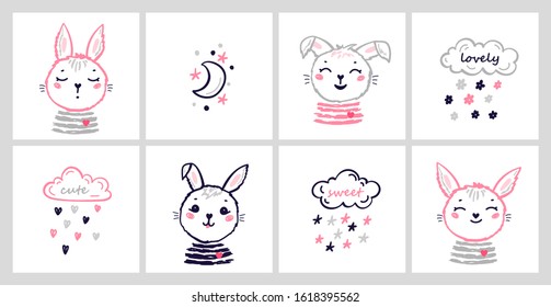 Vector Poster Set with Doodle Cute Bunnies. Easter Little Rabbit Faces and Rain Clouds with Stars, Hearts, Flowers. Hares Illustration for Kids Fashion, Nursery, Baby Shower Scandinavian Design