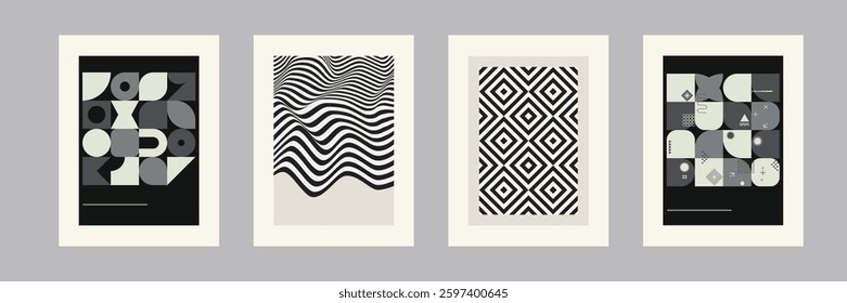 A vector poster set featuring abstract geometric designs in Bauhaus and Op Art styles. Perfect for wall decor, interior design, branding, and artistic prints. Elegant, minimalist, and aesthetically
