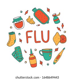 Vector poster with set of flu treatments. Flu concept with garlic, cup, lemon, thermometer, socks, nasal spray, pills and other things. Cute design in doodle style