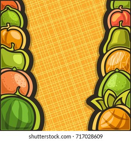 Vector poster for set fresh Fruits with copy space: juicy watermelon, sweet pineapple, orange, green pomelo, apple. Fresh fruits in a row on yellow geometric background for fruit sale in grocery store