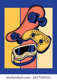 Vector poster with set of gamer gamepad, Virtual reality glasses, cartoon skateboard. Gaming t shirt design with skate, joystick. Sport style. activity equipment. 