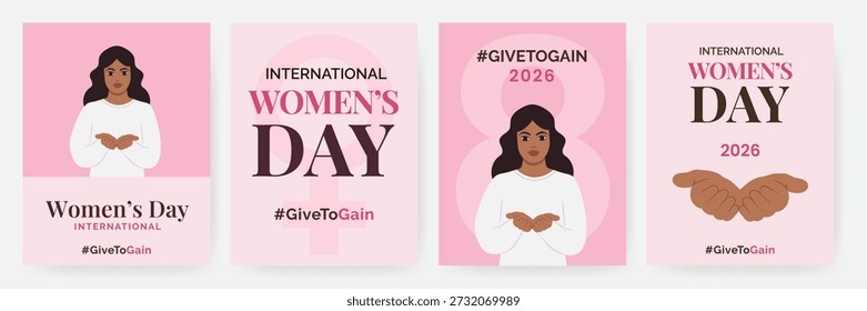 Vektorposter mit der #givetogain-Kampagne, weiblichen offenen Händen, dem Venus-Symbol, dem Text und der Nummer acht in rosafarbenen Tönen: Internationaler Frauentag 2026, 8. März, geben, wieder, Feminismus, Aktivismus, Mädchen Macht.