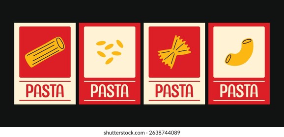 Vector poster set with hand-drawn pasta doodles – penne, farfalle, macaroni, orzo. Bold red and cream background in retro food style. Fun kitchen prints or restaurant wall decor.