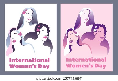 Vector poster set for international women's day, caucasian woman, senior woman and black girl with flowers in hair. Happy Women's Day design template