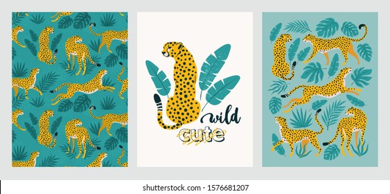 Vector poster set of leopards and tropical leaves. Trendy illustration.