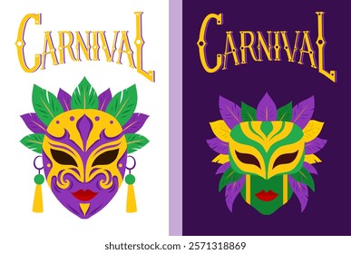 Vector poster set with lettering with flat masquerade masks. Mardi gras card. Collection festive banner with calligraphy Carnival. Vertical element for greeting cards and your creativity.