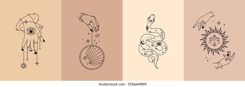 Vector poster set of mystical magic objects- woman hands, moon, sun, stars, planets, snake. Trendy minimal style, line art. Spiritual occultism objects. 