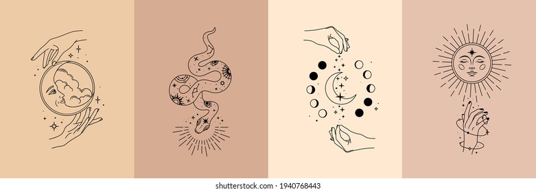 Vector poster set of mystical magic objects- woman hands, moon, sun, stars, planets, snake. Trendy minimal style, line art. Spiritual occultism objects. 