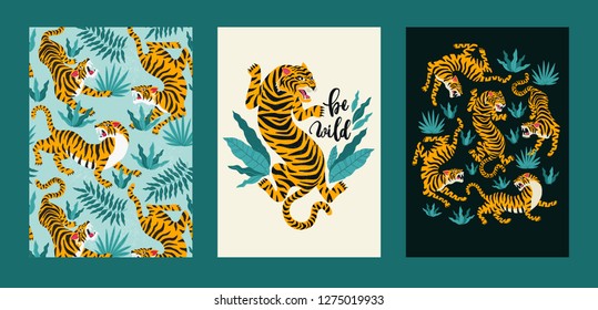 Vector poster set of tigers and tropical leaves. Trendy illustration.