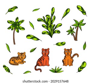 Vector poster set of tigers and tropical palm leaves. Cute Tiger Cub. Trendy illustration.