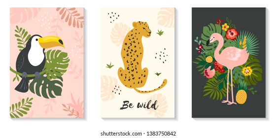 Vector poster set of tropical animals and palm leaves. Perfect for poster, print, cards, t shirt and other.