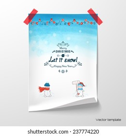 Afiche del vector. Hoja de papel pegada con cinta adhesiva a la pared. Graciosos hombres de nieve y guirnaldas navideñas. Fondo de color de agua Etiqueta tipográfica de Navidad