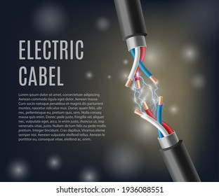 Vector poster with short circuit, power discharge between break electric cable