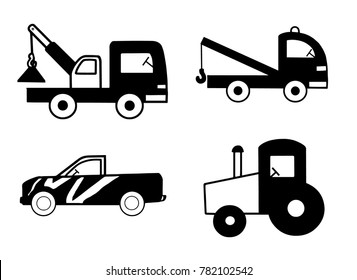 Vector. Poster. Silhouette Black and white image of machines. Pickup truck, tractor, tow truck, fire truck.