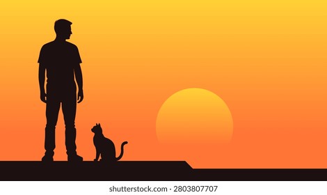Vector poster. Silhouette of young man with cat sitting next to him. Sunset or sunrise. Human and animal friendship. Pet. Feline banner. Cute friend puss. Nature and beauty