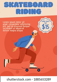 Vector poster of Skateboard Riding concept. Young man skateboarding, moves at city, learn new tricks, enjoy hobby. Urban transport for sportive citizen. Character illustration of advertising banner