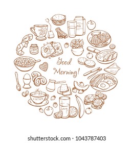 Vector poster with sketches of different breakfasts and the inscription Good morning. Hand drawings